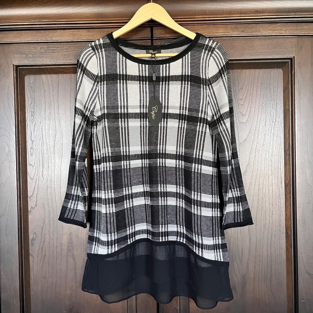 Cupio Long-Line 3/4 Sleeve Lightweight Sweater  M Ruffle Sheer Hem Lagenlook NWT